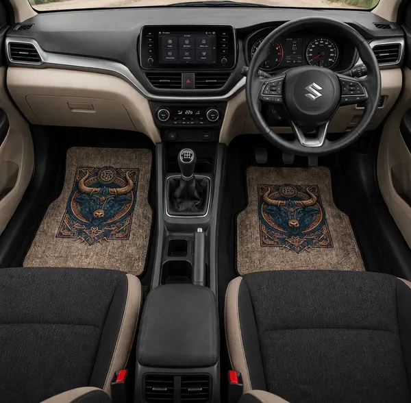 Polyester_Anti-Slip_Rubber_Brown_Bull_Print_Car_Floor_Mat_Pack_Of_2