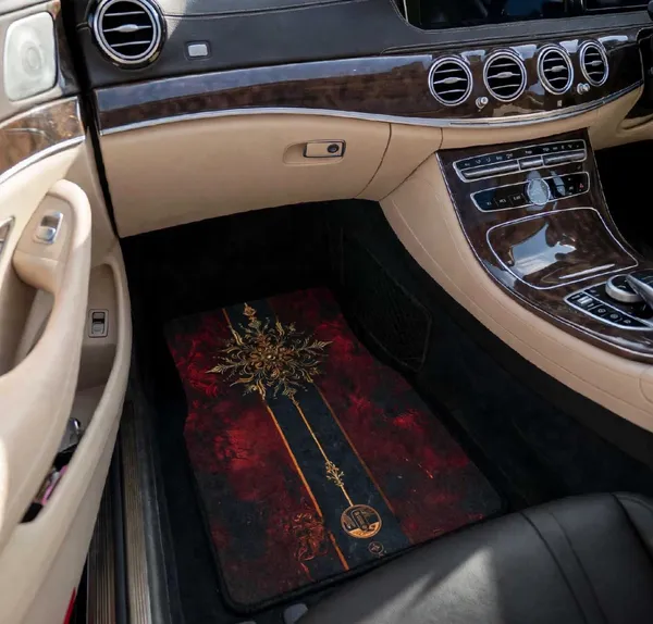 Polyester_Anti-Slip_Rubber_Red_Gold_Pattern_Car_Floor_Mat_Pack_Of_4