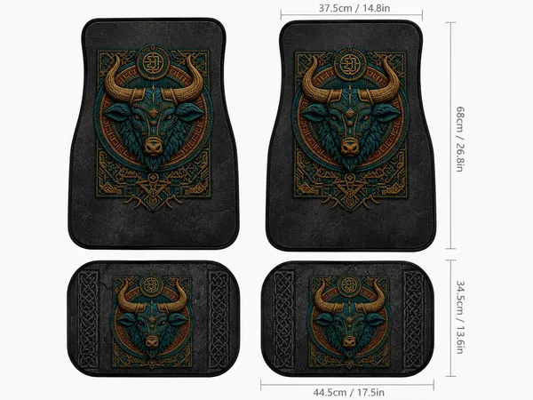 Polyester_Anti-Slip_Rubber_Bull_Graphic_Black_Car_Floor_Mat_Set_Of_4
