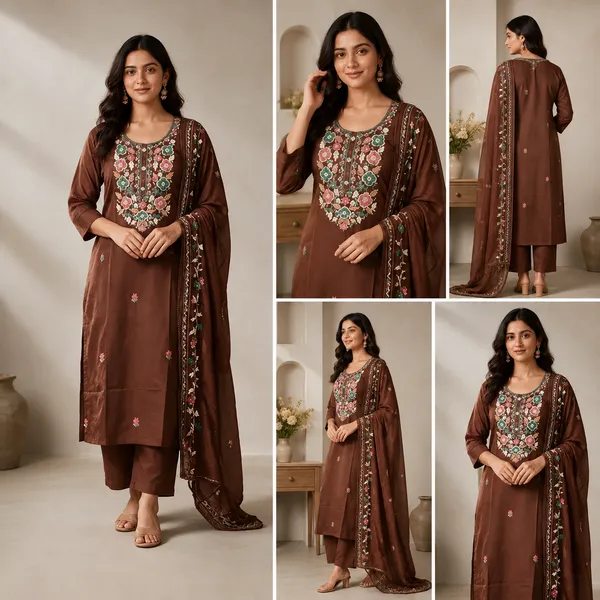 Brown_Cotton_Straight_Embroidered_Three-Piece_Suit_Set_For_Women