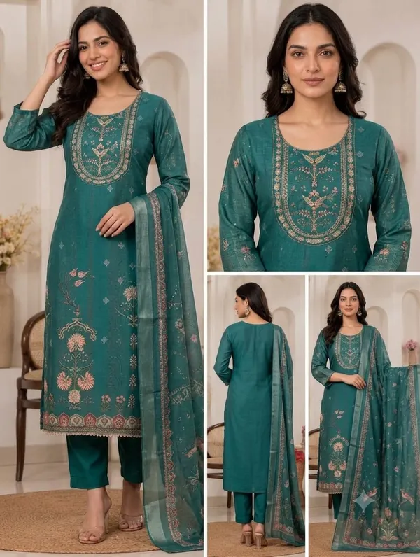 Teal_Cotton_Printed_Embroidered_Kurta_Set_For_Women
