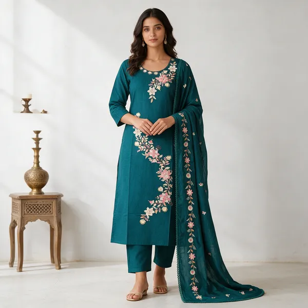 Teal_Cotton_Straight_Embroidered_Kurta_Set_For_Women