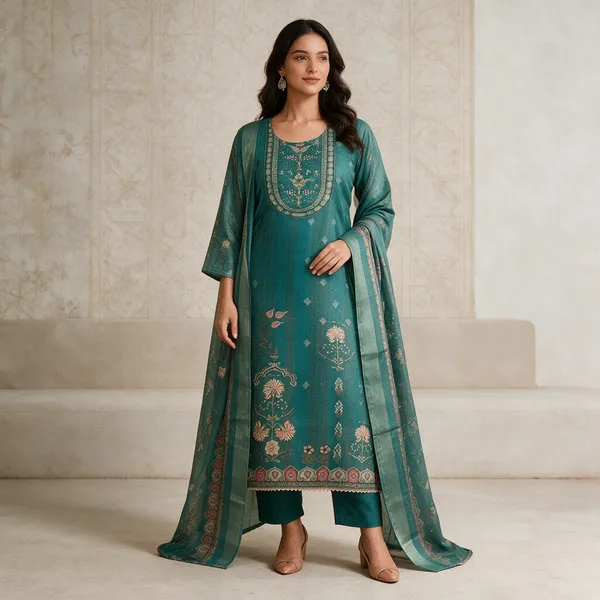 Teal_Cotton_Printed_Embroidered_Kurta_Set_For_Women