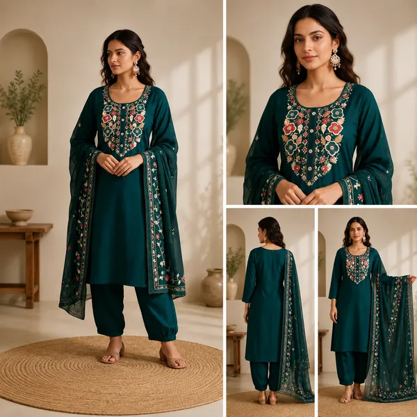 Teal_Cotton_Embroidered_Kurta_Set_For_Women