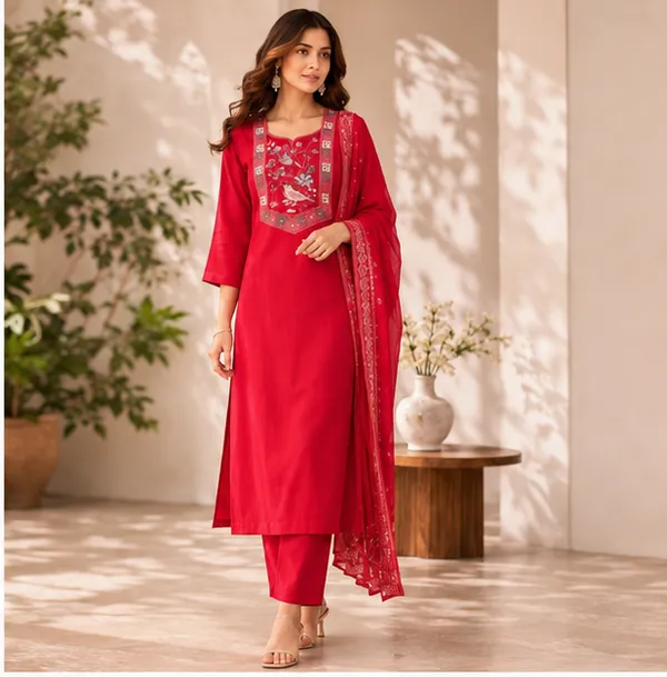 Red_Cotton_Straight_Embroidered_Kurta_Set_For_Women