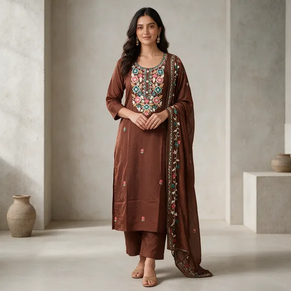 Brown_Cotton_Straight_Embroidered_Three-Piece_Suit_Set_For_Women