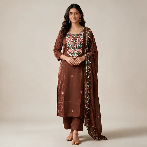 Brown_Cotton_Straight_Embroidered_Three-Piece_Suit_Set_For_Women