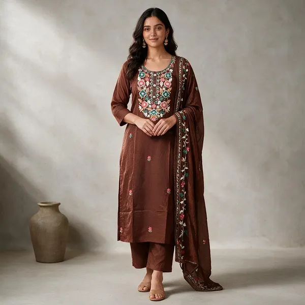 Brown_Cotton_Straight_Embroidered_Three-Piece_Suit_Set_For_Women