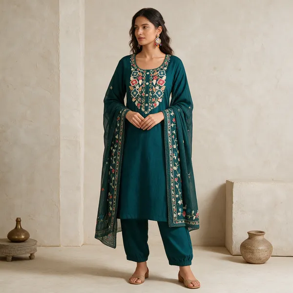 Teal_Cotton_Embroidered_Kurta_Set_For_Women