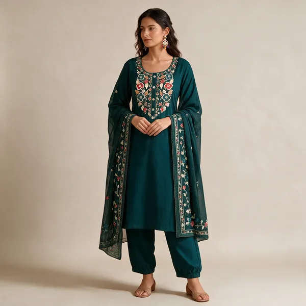Teal_Cotton_Embroidered_Kurta_Set_For_Women