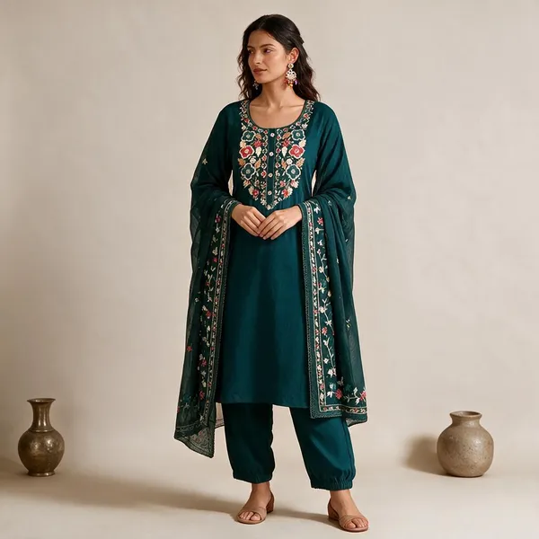 Teal_Cotton_Embroidered_Kurta_Set_For_Women