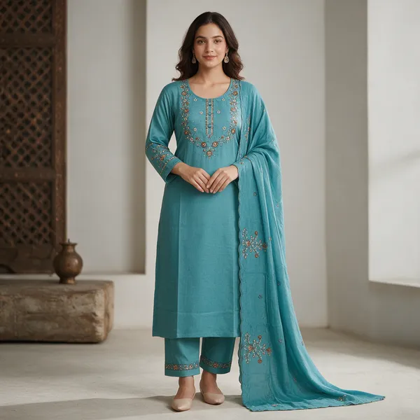 Turquoise_Cotton_Straight_Embroidered_Kurta_Set_For_Women