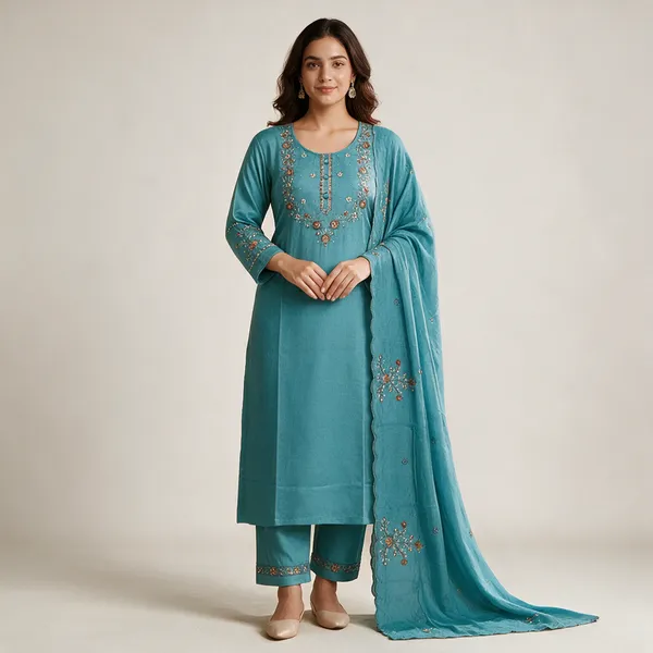 Turquoise_Cotton_Straight_Embroidered_Kurta_Set_For_Women