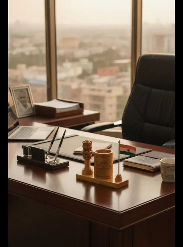 Wooden_Ashoka_Stumbh_Pen_Stand_And_Flag