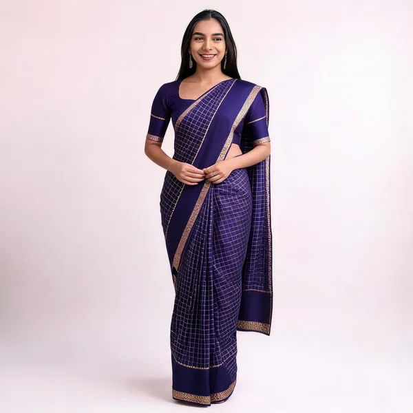 Blue_Viscose_Georgette_Checked_Saree_For_Women