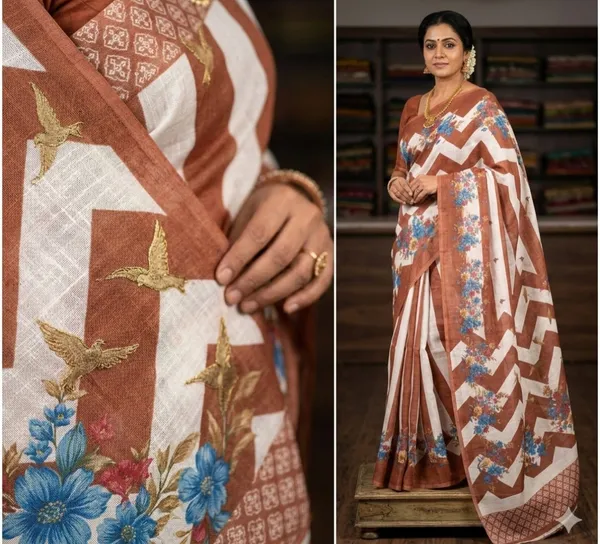 Brown_Linen_Cotton_Bordered_Saree_For_Women