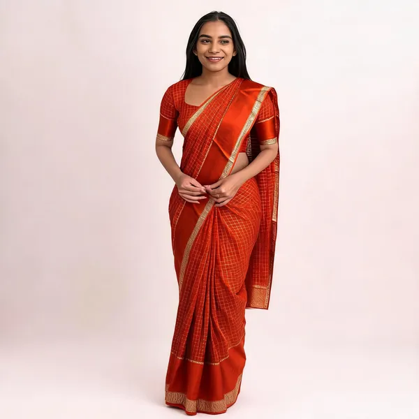 Red_Viscose_Georgette_Checked_Border_Saree_For_Women