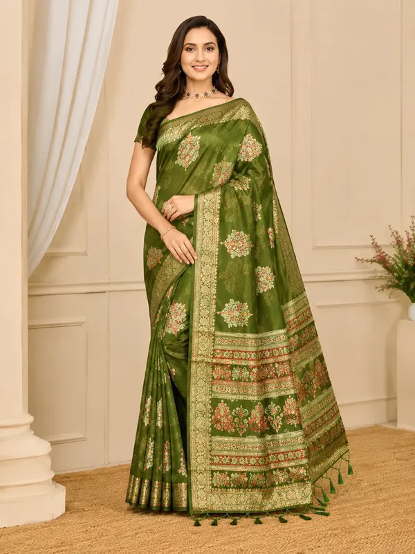 Olive_Green_Marshmellow_Printed_Saree_For_Women
