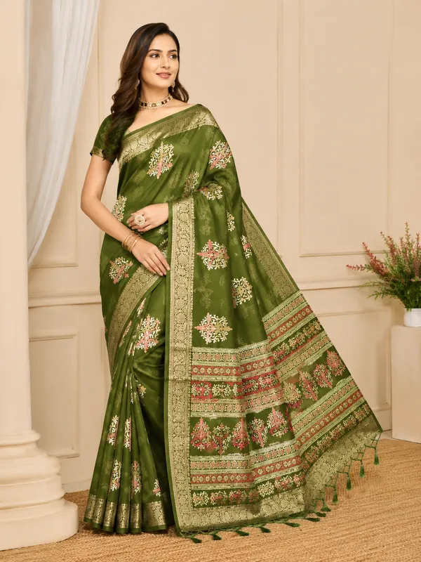 Olive_Green_Marshmellow_Printed_Saree_For_Women