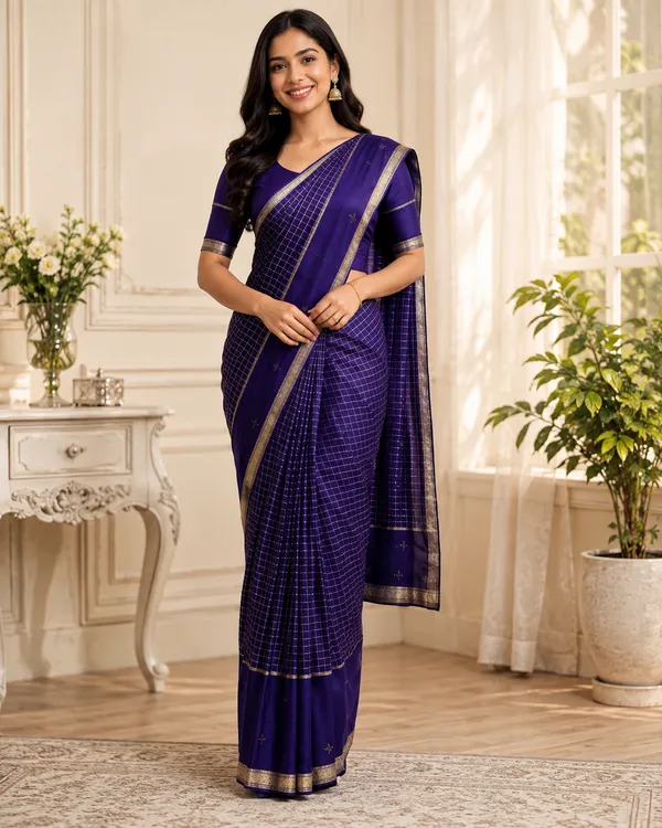 Blue_Viscose_Georgette_Checked_Saree_For_Women