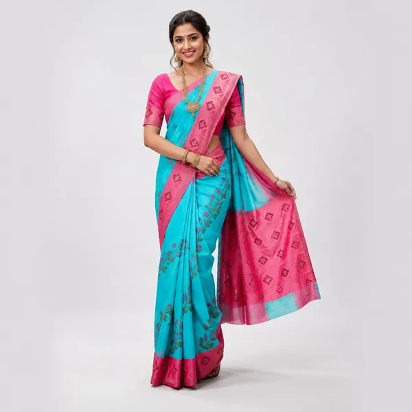 Blue_Linen_Cotton_Checkered_Bordered_Saree_For_Women