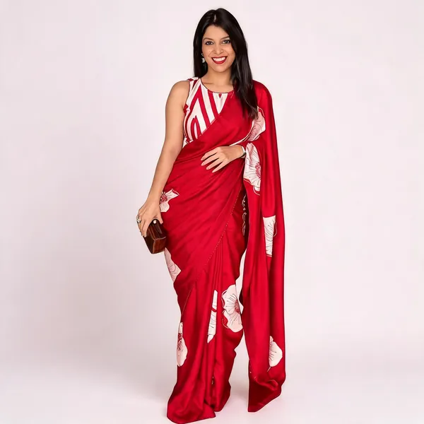 Red_Modal_Silk_Floral_Print_Saree_For_Women