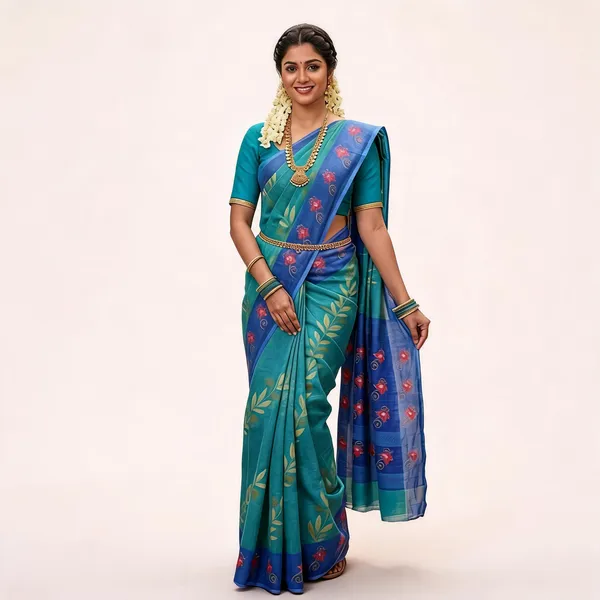 Blue_Linen_Cotton_Bordered_Saree_For_Women