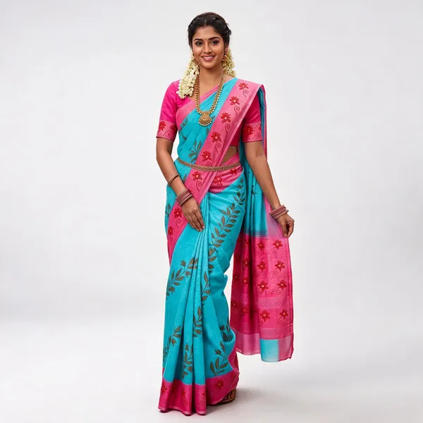 Blue_Linen_Cotton_Checkered_Bordered_Saree_For_Women