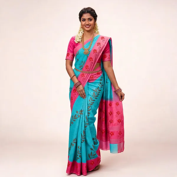 Blue_Linen_Cotton_Checkered_Bordered_Saree_For_Women