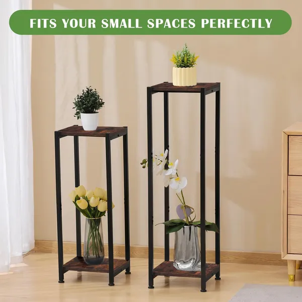2_Tier_Plant_Stand_With_Metal_Frame_And_Wood_Shelves