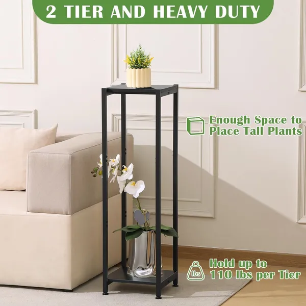 2_Tier_Plant_Stand_With_Metal_Frame_And_Wood_Shelves