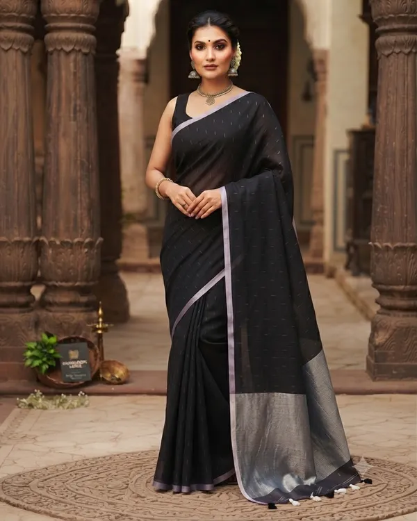 Linen_Jharna_Work_Saree_With_Blouse_Piece