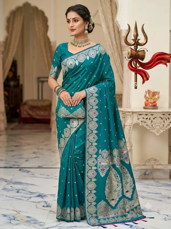 Teal_Woven_Ethnic_Saree_for_Women