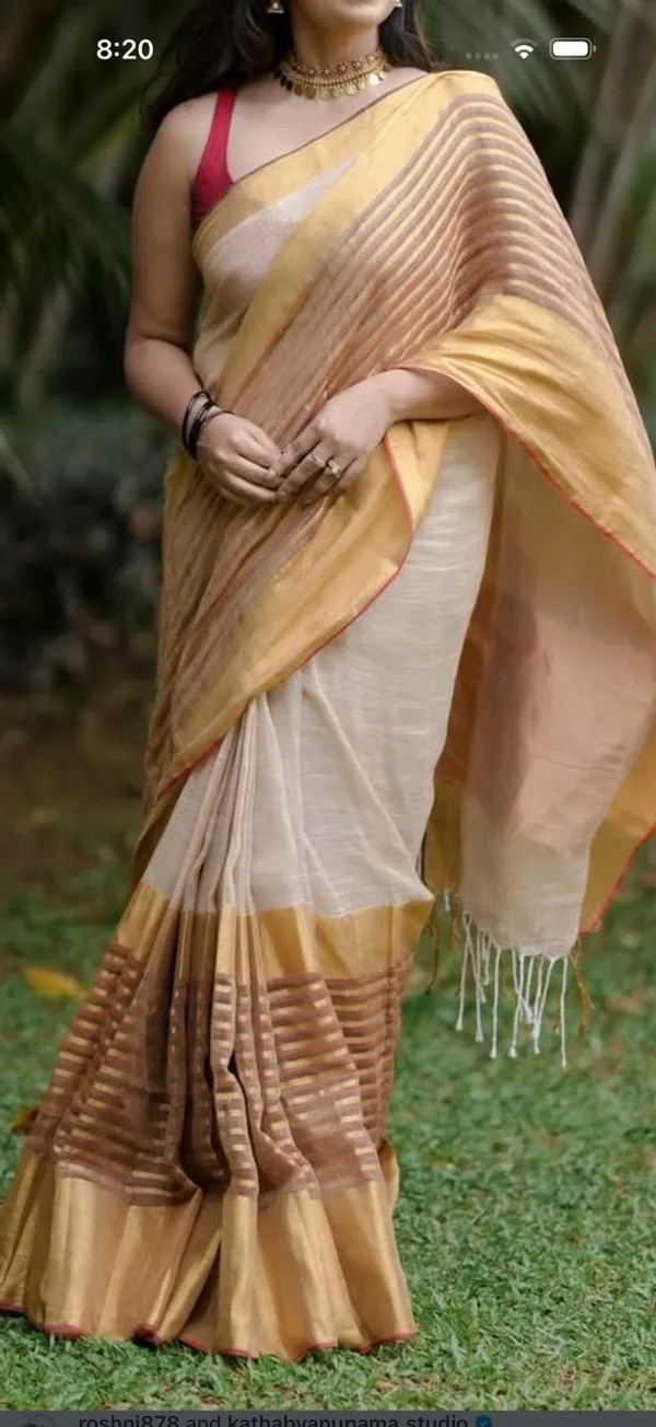 Linen_Saree_With_Copper_Zari_Border_And_Blouse_Piece
