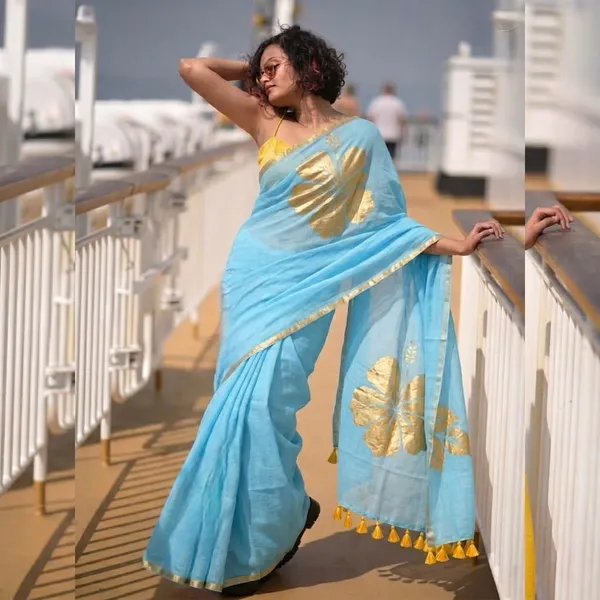 120_Count_Mul_Cotton_Saree_Hand_Print_Without_Blouse_Piece