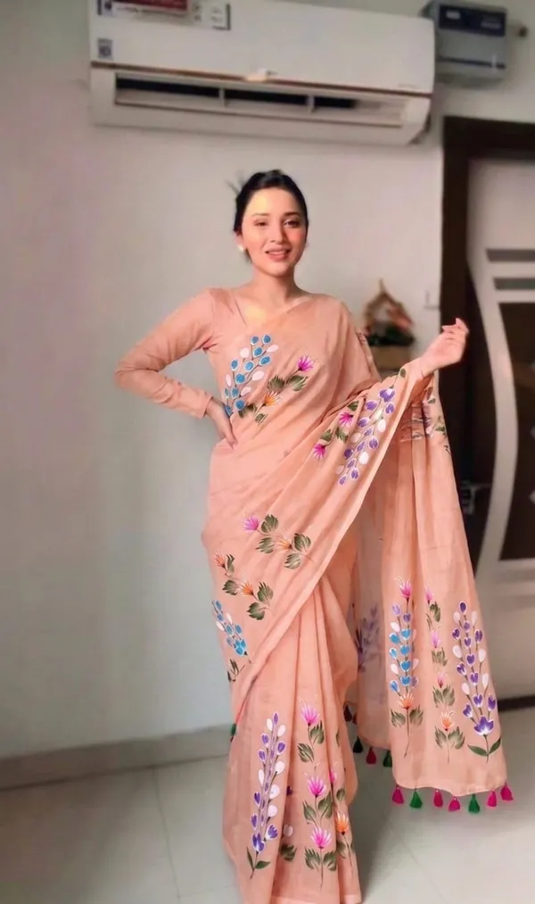 120_Count_Mul_Cotton_Saree_Hand_Print_Without_Blouse_Piece