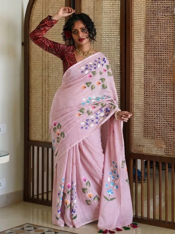 120_Count_Mul_Cotton_Saree_Hand_Print_Without_Blouse_Piece