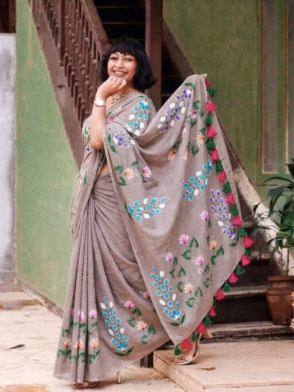 120_Count_Mul_Cotton_Saree_Hand_Print_Without_Blouse_Piece