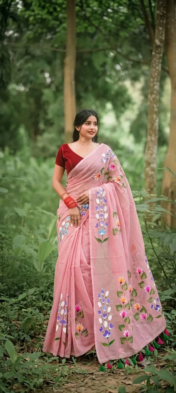 120_Count_Mul_Cotton_Saree_Hand_Print_Without_Blouse_Piece