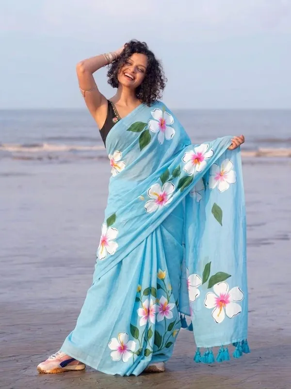 120_Count_Mul_Cotton_Saree_Hand_Print_Without_Blouse_Piece_Quality_Premium_Thin