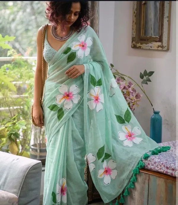 120_Count_Mul_Cotton_Saree_Hand_Print_Without_Blouse_Piece_Quality_Premium_Thin