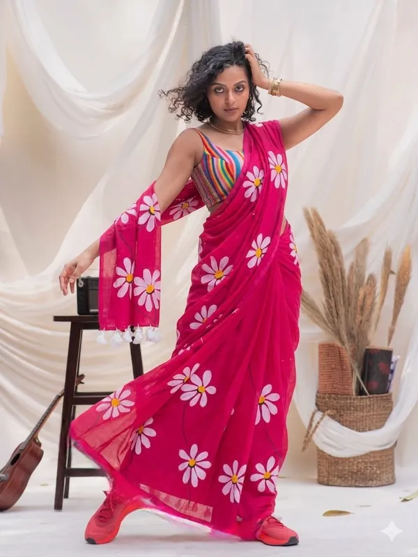 120_Count_Mul_Cotton_Saree_Hand_Print_Without_Blouse_Piece_Quality_Premium_Thin
