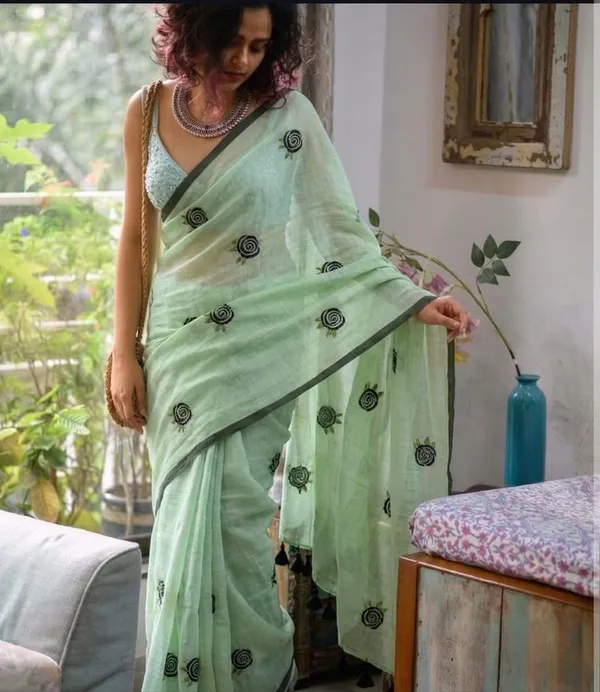 Mull_Cotton_Rose_Embroidery_Saree_Without_Blouse_Piece_Quality_Premium_Thin