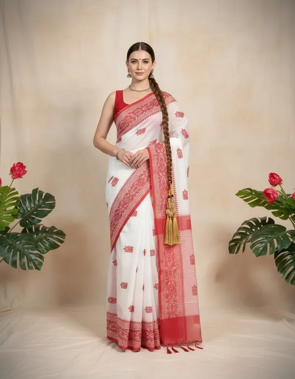 Handloom_Woven_Design_Saree_With_Blouse_Piece_Red_Pallu,_White_Body