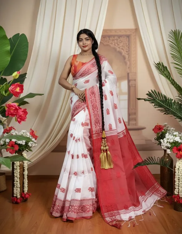 Handloom_Woven_Design_Saree_With_Blouse_Piece_Red_Pallu,_White_Body