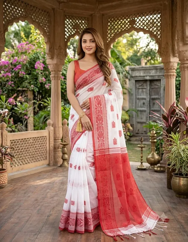 Handloom_Woven_Design_Saree_With_Blouse_Piece_Red_Pallu,_White_Body