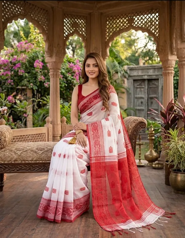 Handloom_Woven_Design_Saree_With_Blouse_Piece_Red_Pallu,_White_Body