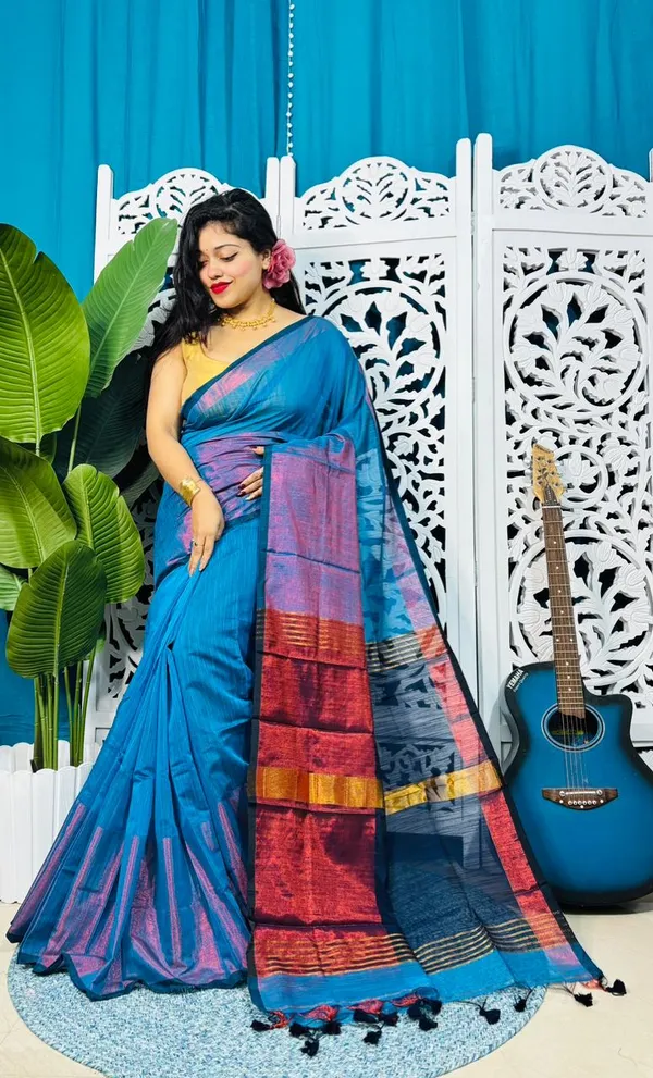 Plain_Cotton_Slab_Saree_With_Blouse_Piece