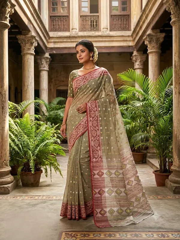 Exclusive_New_Pujo_Special_BD_Dhakai_Jamdani_Saree_With_Blouse_Piece