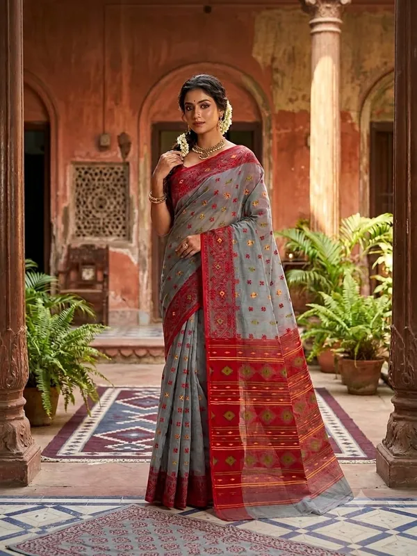 Exclusive_New_Pujo_Special_BD_Dhakai_Jamdani_Saree_With_Blouse_Piece